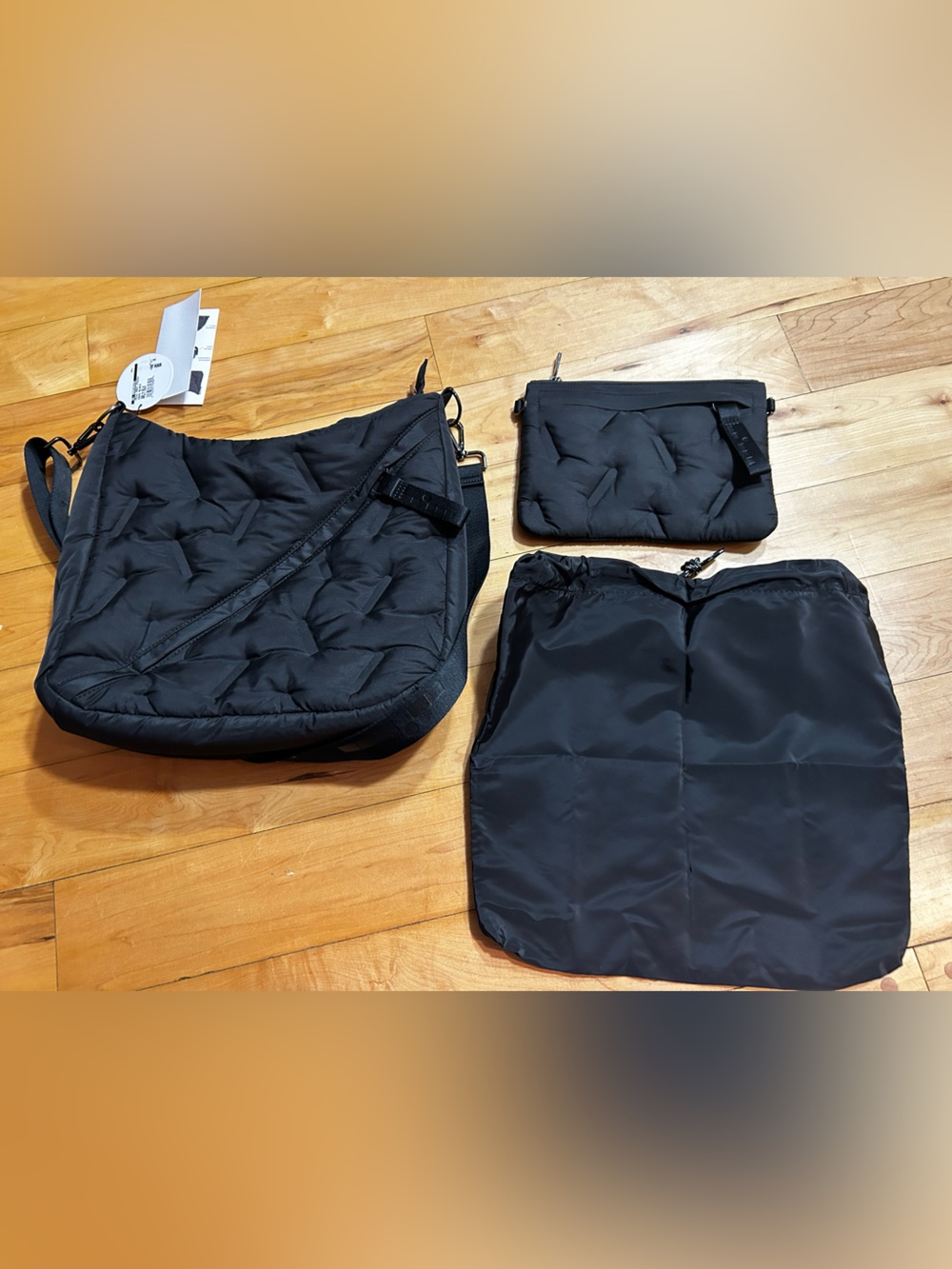 NWT Go Dash Dot Arly Quilted Messenger Crossbody Bag Black Puffer 4-Piece Set
